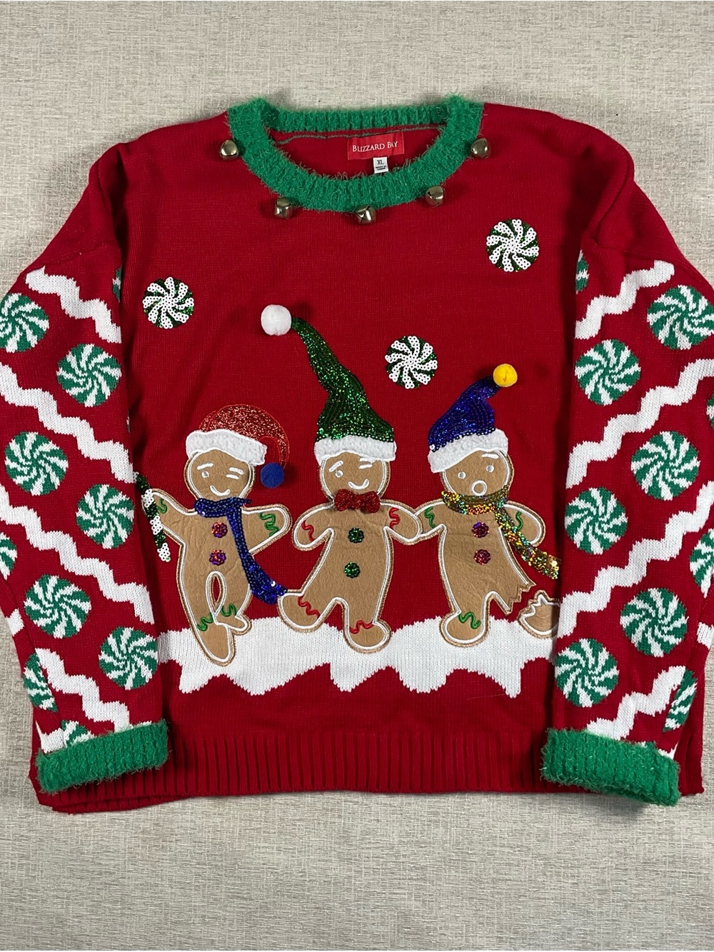 Red Holiday Crewneck Sweater with Gingerbread Trio XL